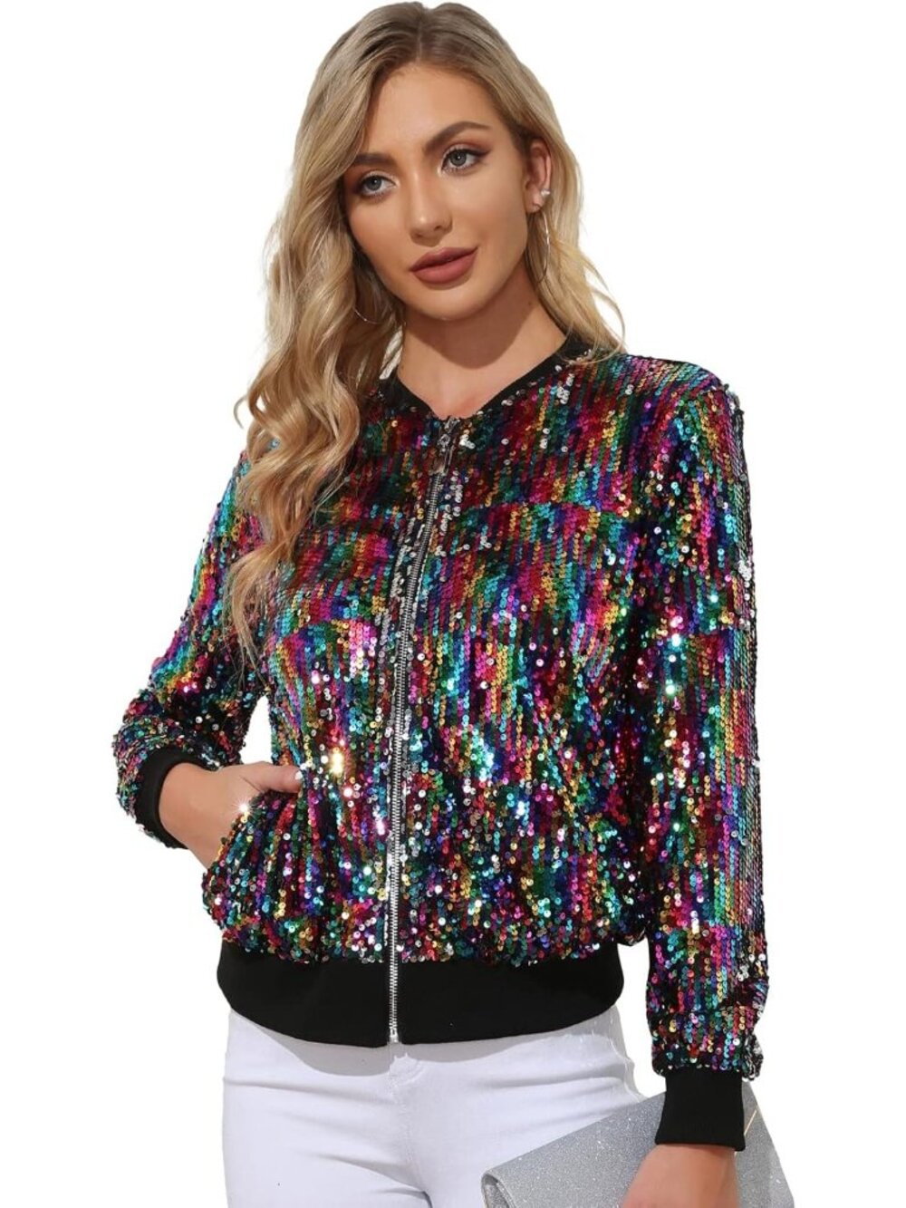 〽️Multicolor Sparkly Sequin Jacket Women’s Zip Front Party Bomber Long Sleeve